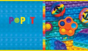 Rainbow-colored pop-it toys in multiple shapes on blue