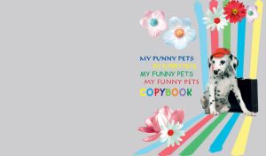 Dalmatian sitting next to black suitcase, colored lines behind and flowers around