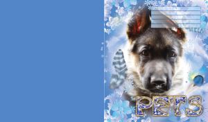 German shepherd puppy with pricked ears in white and blue flowers