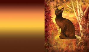 Dark brown cat by the white birch and red plants in the moonlight on yellow and brown