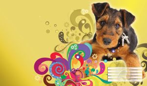Brown thoughtful terrier puppy on a banana yellow background with colorful floral swirl