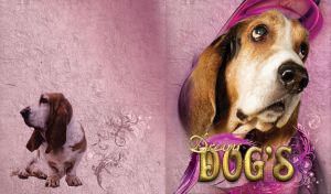 Brown white basset hound with eyes wide open on a pink background with brushstroke