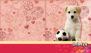 Labrador Retriever with a football on a pastel red background of heart patterns