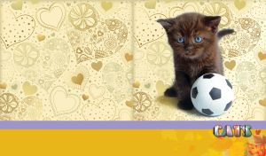 Blue-eyed kitten with a football on a pastel yellow background of heart patterns