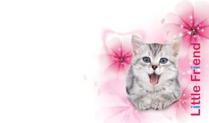 Portrait of a kitten sticking out its tongue on pink and white floral backdrop