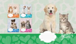 Golden Retriever and Scottish cat together forever on green heart patterns