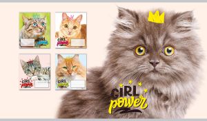 A fluffy grey kitty with big amber eyes in a hand-drawn crown on pastel beige