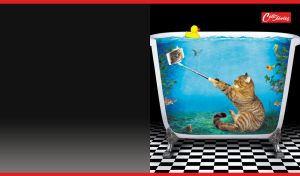 Whimsical cat takes a selfie in a bathtub against a black backdrop