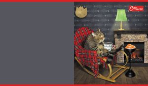 Cat enjoying a cozy rocking chair by the fireplace against dark grey wallpaper