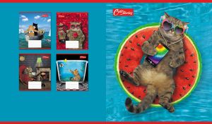 Relaxed cat with headphones lying on a watermelon float in a blue pool