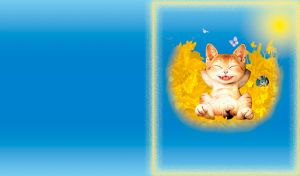 Kitten on a bunch of yellow leaves and a grey mouse hides next to it on a sunny day