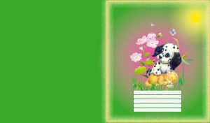 Kitten sleeps on the grass in pink flowers with a Dalmatian puppy on a sunny day