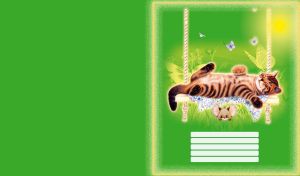 Tabby cat laying on a swing with a little mouse playing hide and seek in the grass