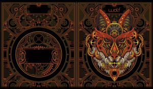 Steampunk wolf on a black backdrop with retro industrial design