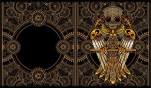 Steampunk owl in a top hat on a black backdrop with retro industrial design