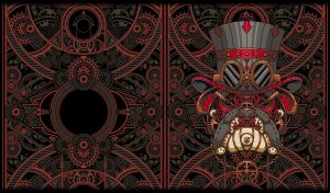 Steampunk bulldog in a top hat on a black backdrop with retro industrial design