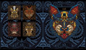 Steampunk cat on a black backdrop with retro industrial design