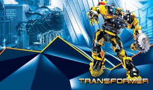 Ratchet with a circular saw stands in a battle pose on a blue 3D background