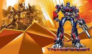 Blue and red transformer Optimus Prime with a blaster on an orange 3D background