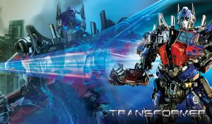 Optimus Prime in a battle pose emits a 3D high speed blue light trail