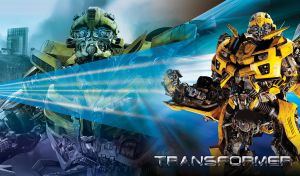 Bumblebee in a battle pose emits a 3D high speed blue light trail