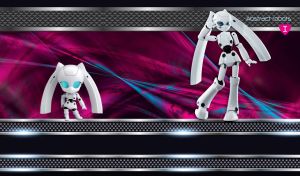 White and black female and child robots posing on black-purple background