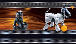 White and black dog robots with an orange ball on black-orange background