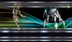 A grey crab and golden human robots posing on black-tile background