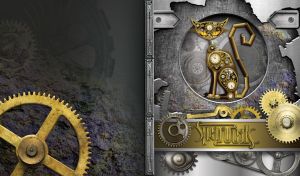 Steampunk art with a clockwork golden cat on a gray backdrop with metal gears