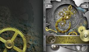 Steampunk art with a clockwork brass lizard on a gray backdrop with metal gears