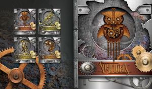Steampunk art with a clockwork copper owl on a gray backdrop with metal gears