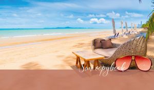 Tropical scene with rattan beach beds and palm trees by the blue ocean
