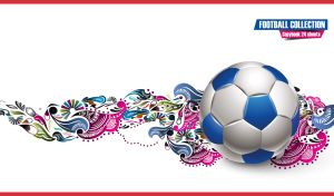 Blue and white soccer ball on a white backdrop with paisley decor