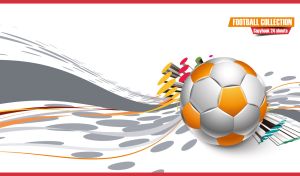 Yellow and white soccer ball on a white backdrop with abstract wavy decor