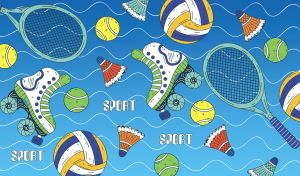 Sports equipment flat design on a blue background