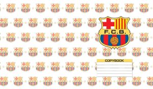 FC Barcelona logo on a white backdrop with seamless logo pattern