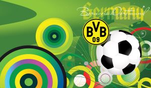 Borussia Dortmund yellow logo and a football against a green abstract backdrop