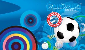 FC Bayern Munich logo and a football against a blue abstract backdrop