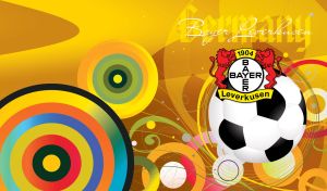 FC Bayer Leverkusen logo and a football against an orange-red abstract backdrop