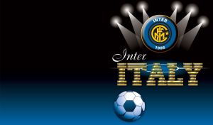 Inter Milan emblem in the spotlights on navy and black abstract football stadium