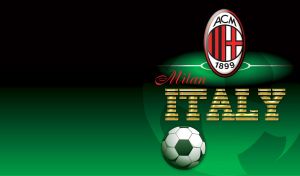 AC Milan emblem in the spotlights on green and black abstract football stadium