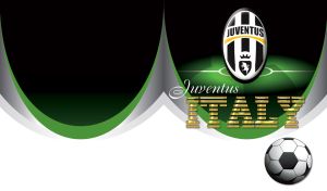 Juventus emblem and against a green and black abstract football stadium