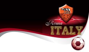 AS Roma emblem and against a maroon and black abstract football stadium