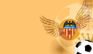 Valencia CF logo with angel wing stencil on an ocher football abstract backdrop