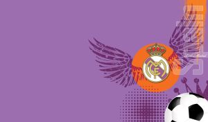 Real Madrid logo with angel wing stencil on a purple football abstract backdrop