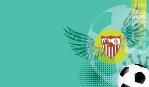 Sevilla FC logo with angel wing stencil on a green football abstract backdrop