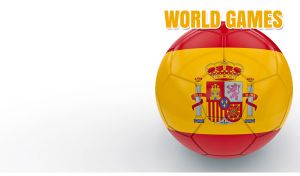 A soccer ball in the colors of the Spanish flag on pastel white