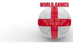A soccer ball in the colors of the flag of England on pastel white