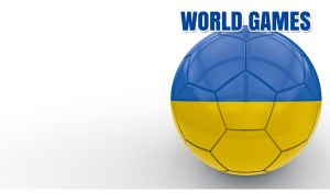 A soccer ball in the colors of the Ukrainian flag on pastel white