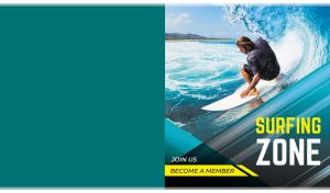 Surfer riding an ocean wave on an abstract turquoise and blue vector backdrop